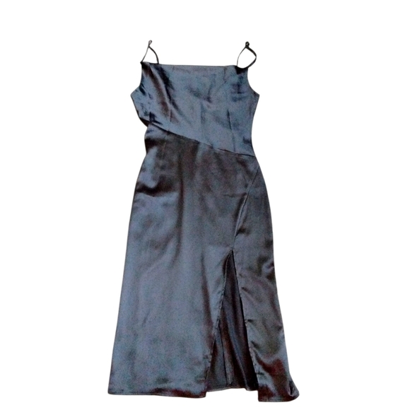 Vintage D&M Satin Slip Dress Black Draped Front High Cut Slit Midi Dress Sz XS - Picture 8 of 9
